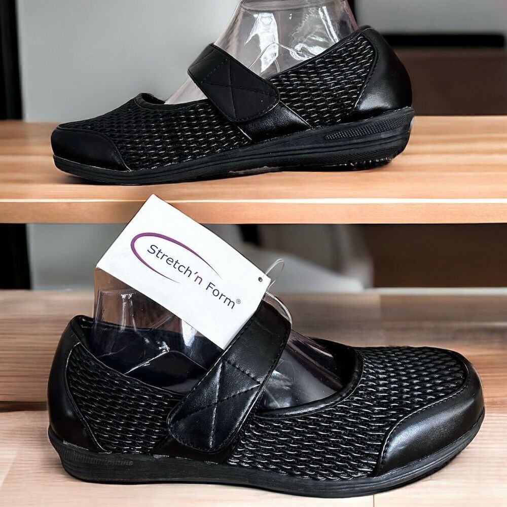 Beacon Black Stretch 'n Form Velcro Closure Mary Jane Woven Flats Shoes - Picture 4 of 11